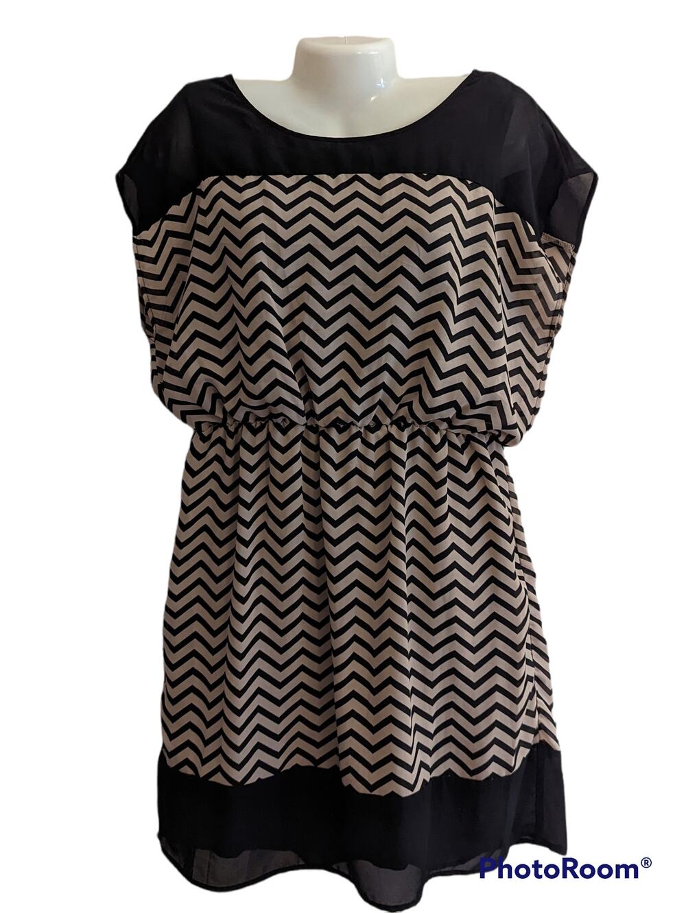 Tacera Cream & Black Chevron Print Elastic Waist Blouson Dress Casual Work L